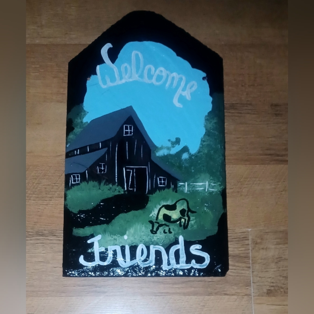 Welcome Friends Handpainted Farm Scenery Sign